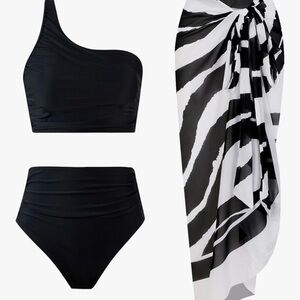 Black One-Shoulder Bikini Set with Zebra Print Sarong